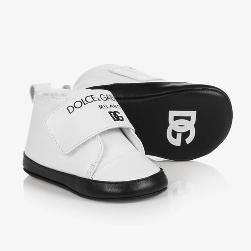 Dolce & Gabbana-White Leather Logo Baby Shoes | Childrensalon