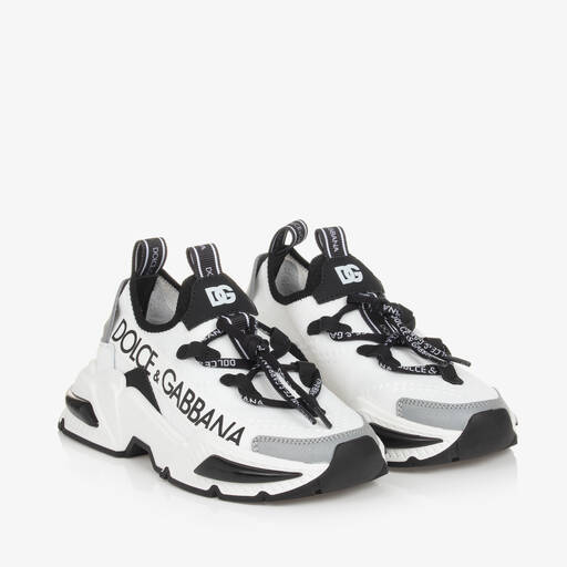 Dolce & Gabbana-حذاء رياضي بأربطة جلد لون أبيض وأسود | Childrensalon