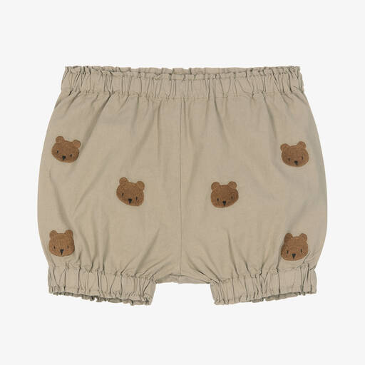 Donsje-Beige Embroidered Cotton Teddy Bear Shorts | Childrensalon