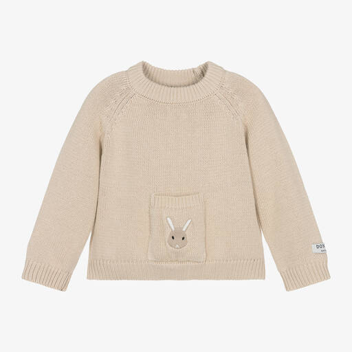 Donsje-Beige Knitted Cotton Bunny Sweater | Childrensalon