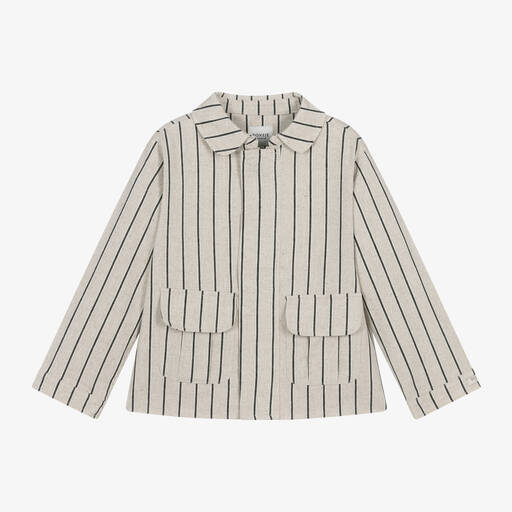 Donsje-Boys Beige Striped Cotton & Linen Jacket | Childrensalon