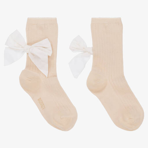 Donsje-Girls Beige & Ivory Bow Socks | Childrensalon