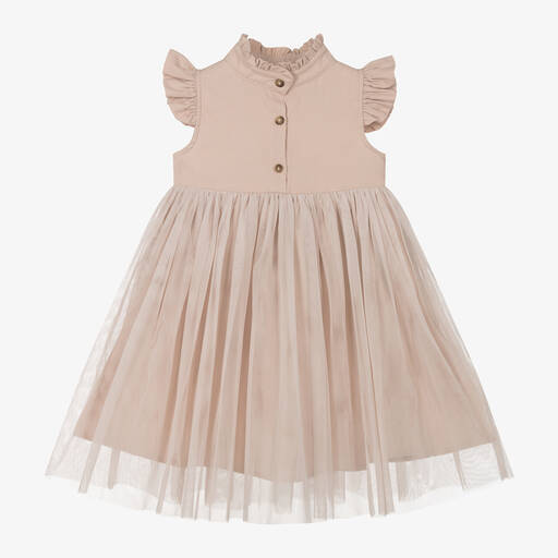 Donsje-Girls Beige-Pink Cotton & Tulle Dress | Childrensalon