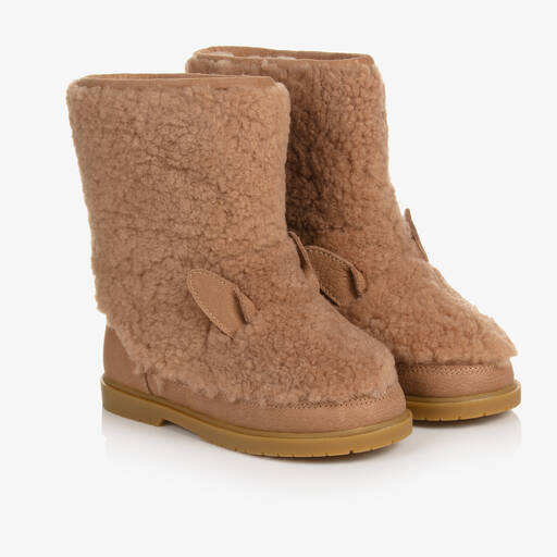 Donsje-Girls Beige Wool Fur Boots | Childrensalon