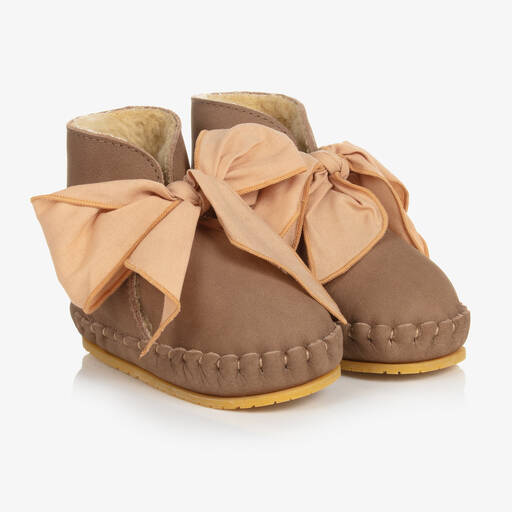 Donsje-Girls Brown Leather Bow Boots | Childrensalon