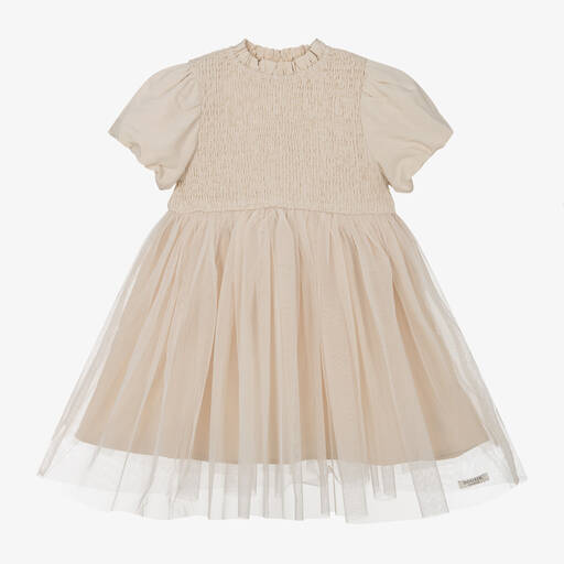Donsje-Girls Pale Beige Linen & Tulle Dress | Childrensalon