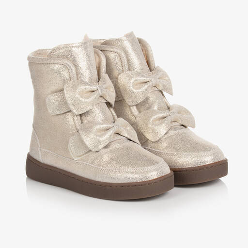 Donsje-Girls Silver Leather Bow Boots | Childrensalon