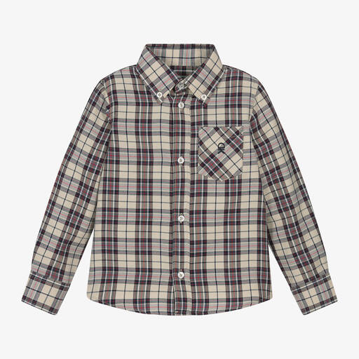 Dr. Kid-Boys Beige Check Cotton Shirt | Childrensalon