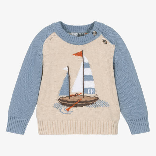 Dr. Kid-Boys Beige Knitted Sailing Boat Sweater | Childrensalon