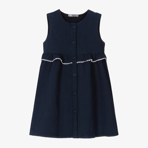 Dr. Kid-Girls Navy Blue Linen & Cotton Dress  | Childrensalon