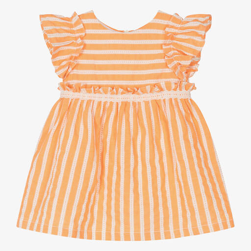 Dr. Kid-Girls Orange Cotton Striped Dress  | Childrensalon