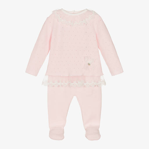 Dr. Kid-Girls Pink Cotton Knit 2 Piece Babygrow | Childrensalon
