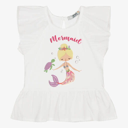 Dr. Kid-Girls White Cotton Mermaid T-Shirt | Childrensalon