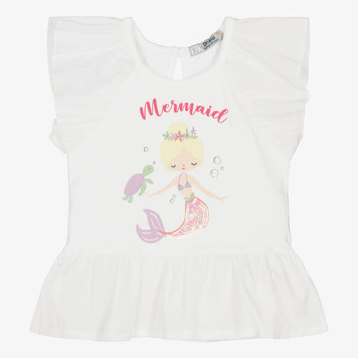 Dr. Kid-Girls White Cotton Mermaid T-Shirt | Childrensalon