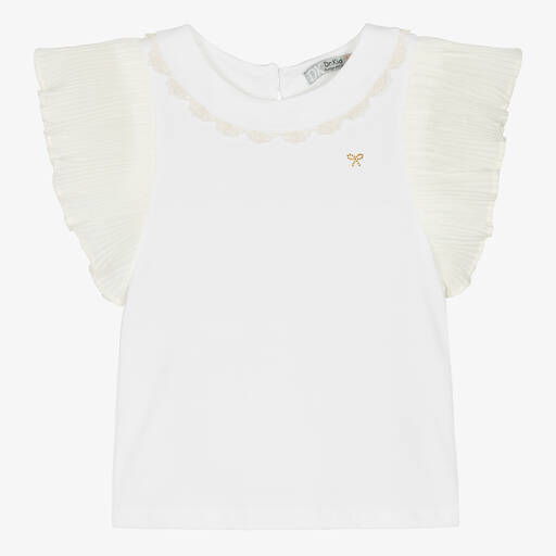 Dr. Kid-Girls White Cotton Pleated Sleeves T-Shirt | Childrensalon