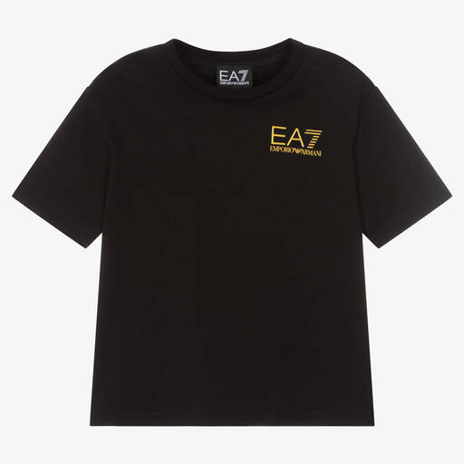 EA7 Emporio Armani-Boys Black Cotton Logo T-Shirt | Childrensalon