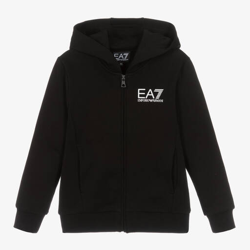 EA7 Emporio Armani-Boys Black Cotton Zip-Up Hoodie | Childrensalon