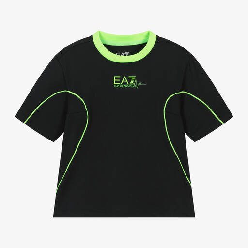 EA7 Emporio Armani-Boys Black & Green T-Shirt | Childrensalon