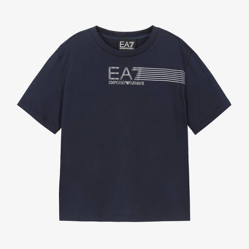 EA7 Emporio Armani-Синяя хлопковая футболка со светоотражающей надписью EA7 | Childrensalon