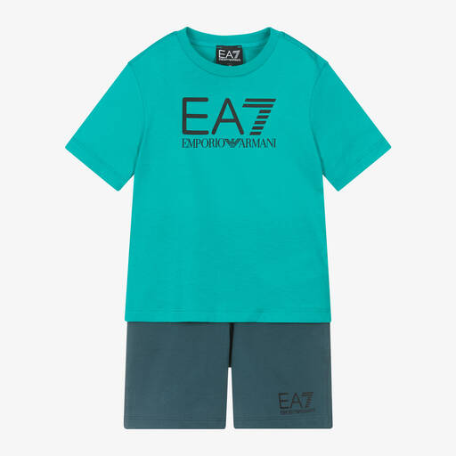 EA7 Emporio Armani-Boys Green & Blue Cotton Shorts Set | Childrensalon