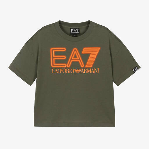 EA7 Emporio Armani-تيشيرت أوفر سايز قطن لون أخضر كاكي للأولاد | Childrensalon