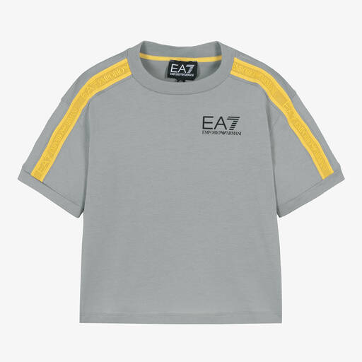 EA7 Emporio Armani-Boys Grey Cotton Taped T-Shirt | Childrensalon