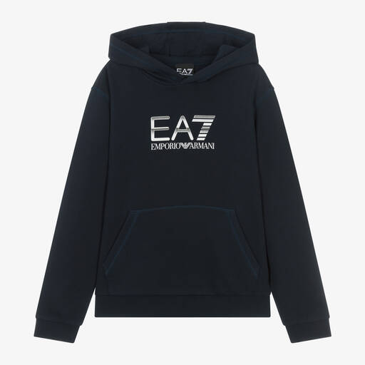 EA7 Emporio Armani-Boys Navy Blue Cotton EA7 Logo Hoodie | Childrensalon