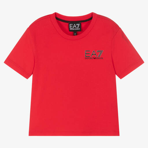 EA7 Emporio Armani-Boys Red Cotton Logo T-Shirt | Childrensalon