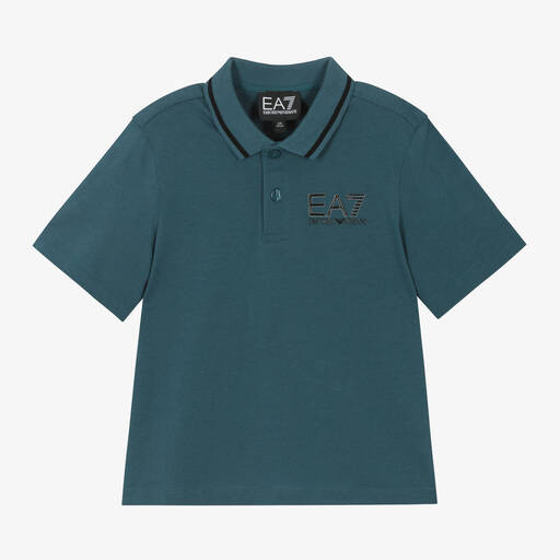 EA7 Emporio Armani-Boys Teal Blue Cotton Polo Shirt | Childrensalon