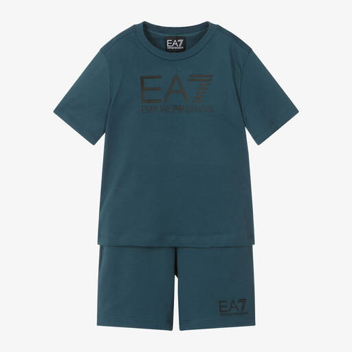 EA7 Emporio Armani-Boys Teal Blue Cotton Shorts Set | Childrensalon