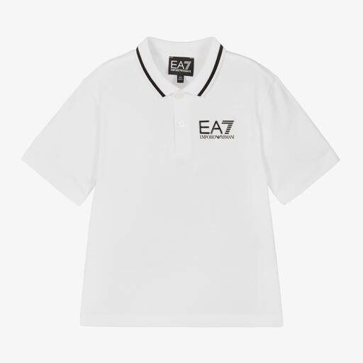 EA7 Emporio Armani-Boys White Cotton Polo Shirt | Childrensalon