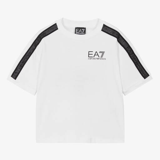 EA7 Emporio Armani-Boys White Cotton Taped T-Shirt | Childrensalon