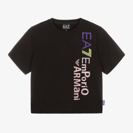 EA7 Emporio Armani-Girls Black Cotton EA7 T-Shirt | Childrensalon