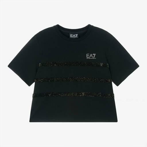 EA7 Emporio Armani-Girls Black Cotton Glitter Stripe T-Shirt | Childrensalon
