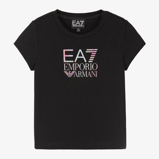 EA7 Emporio Armani-Girls Black Cotton Slim Fit T-Shirt | Childrensalon