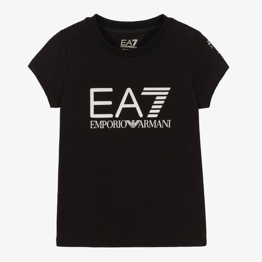 EA7 Emporio Armani-Черно-серебристая футболка из хлопка для девочек | Childrensalon