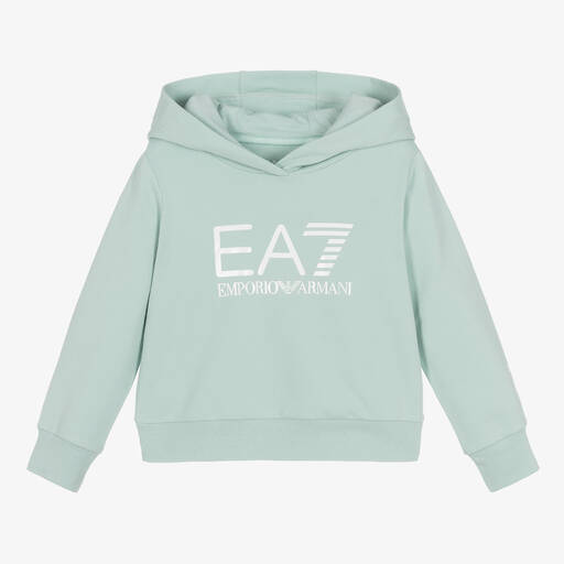 EA7 Emporio Armani-Girls Blue & White Cotton Hoodie | Childrensalon