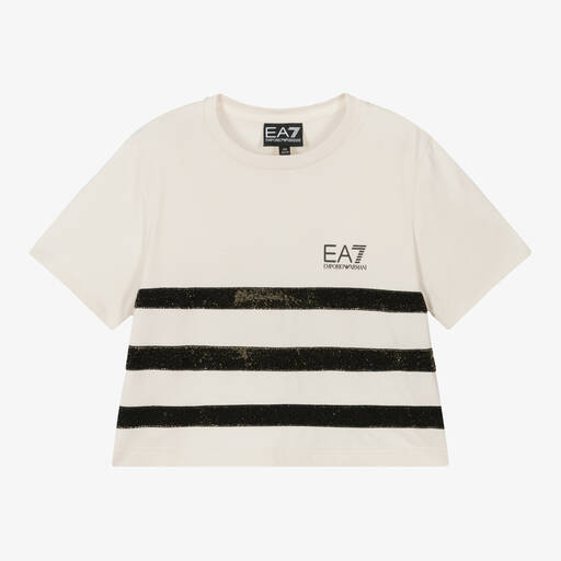 EA7 Emporio Armani-Girls Ivory Cotton Glitter Stripe T-Shirt | Childrensalon