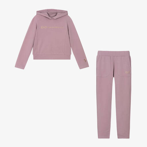 EA7 Emporio Armani-Girls Purple Cotton Hooded Tracksuit | Childrensalon