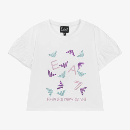 EA7 Emporio Armani-Girls White Cotton Glittery T-Shirt | Childrensalon