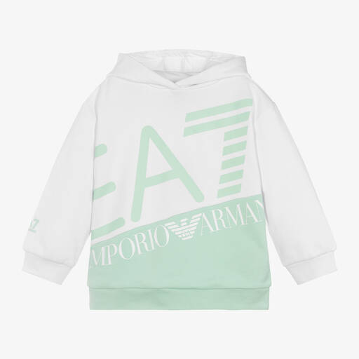EA7 Emporio Armani-Girls White & Green Cotton Hoodie | Childrensalon