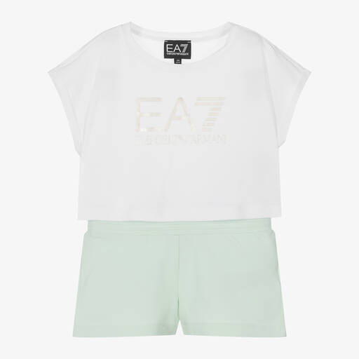 EA7 Emporio Armani-Girls White & Mint Green Cotton Shorts Set | Childrensalon