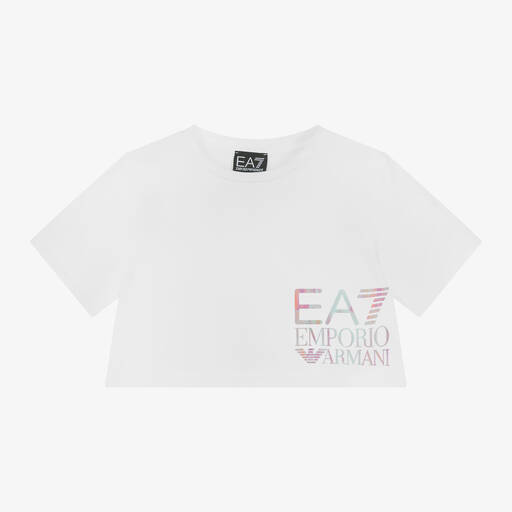 EA7 Emporio Armani-Girls White Organic Cotton T-Shirt | Childrensalon