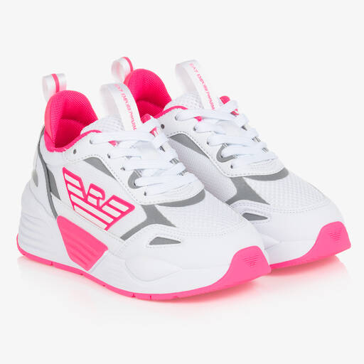 EA7 Emporio Armani-Girls White & Pink Logo Trainers | Childrensalon