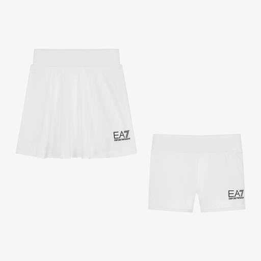 EA7 Emporio Armani-Girls White Ventus7 Tennis Skirt & Shorts Set | Childrensalon