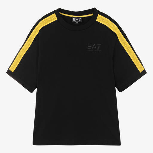 EA7 Emporio Armani-Teen Boys Black Cotton Taped Logo T-Shirt | Childrensalon