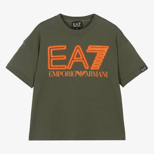 EA7 Emporio Armani-Teen Boys Khaki Green Cotton T-Shirt | Childrensalon
