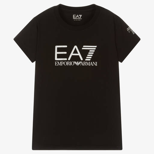 EA7 Emporio Armani-Черно-серебристая футболка из хлопка для девочек-подростков | Childrensalon