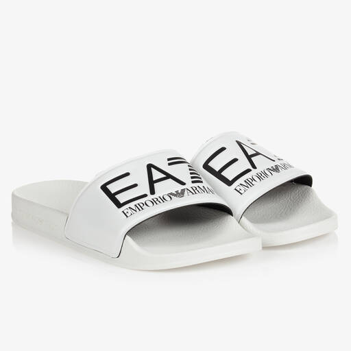EA7 Emporio Armani-Teen White Logo Sliders | Childrensalon