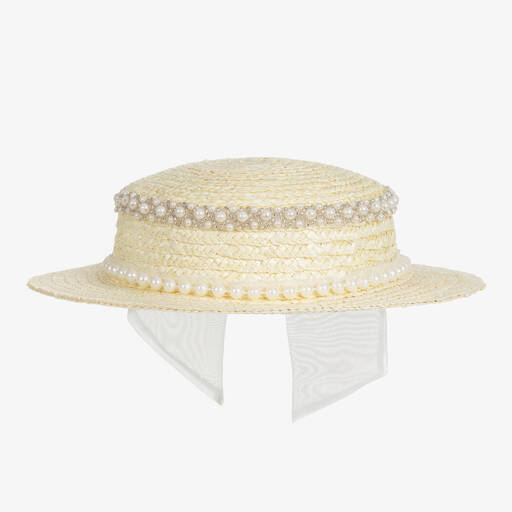 EIRENE-Girls Beige Straw Hat with Pearl & Bow Trim | Childrensalon